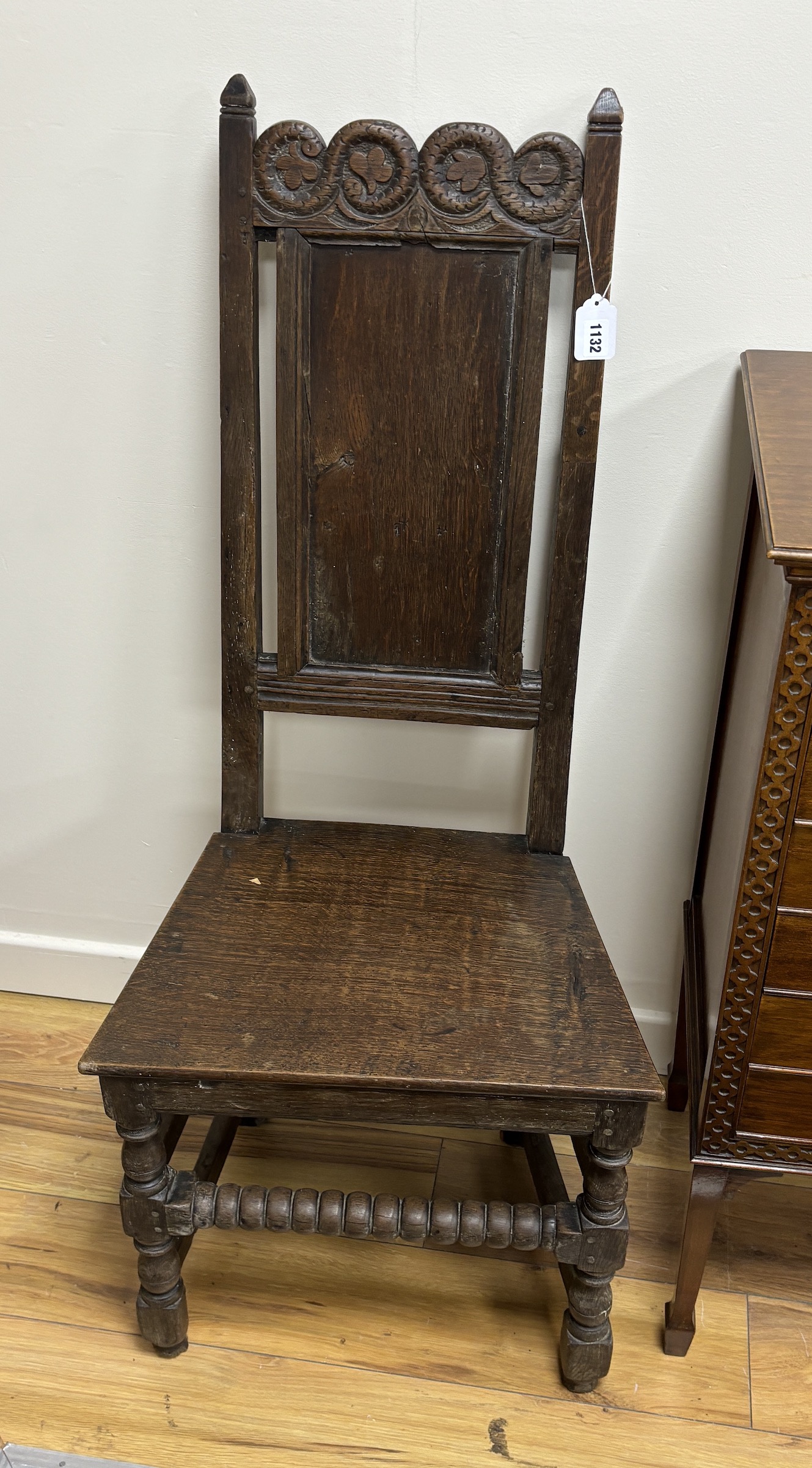 A 17th century and later oak side chair, width 50cm, depth 37cm, height 116cm